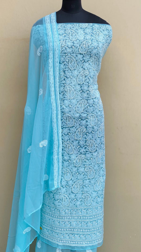 Lucknowi Chikankari Suit Length 3 Piece Blue Georgette