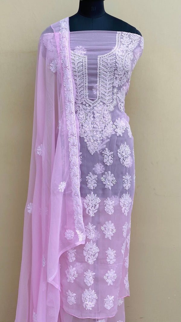 Lucknowi Chikankari Suit Length 3 Piece Pink Georgette