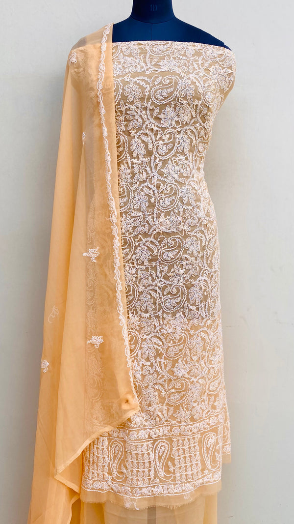 Lucknowi Chikankari Suit Length 3 Peice Mustard Georgette