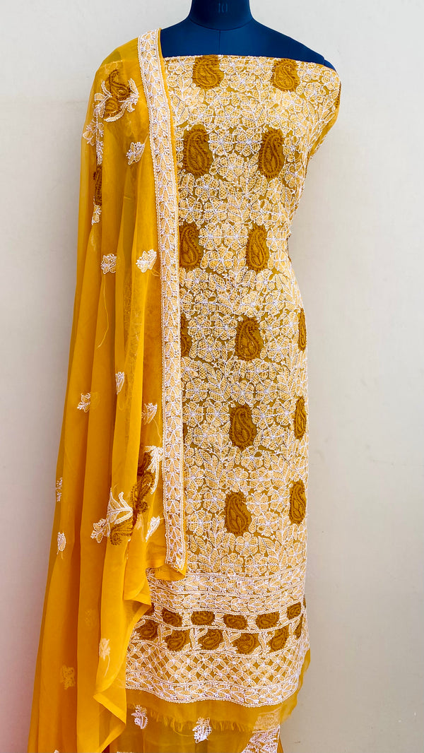 Lucknowi Chikankari Suit Length 3 Peice Mustard Georgette