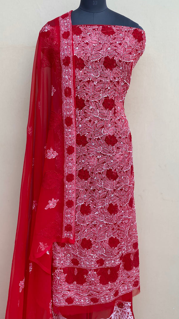 Lucknowi Chikankari Suit Length 3 Peice Red Georgette