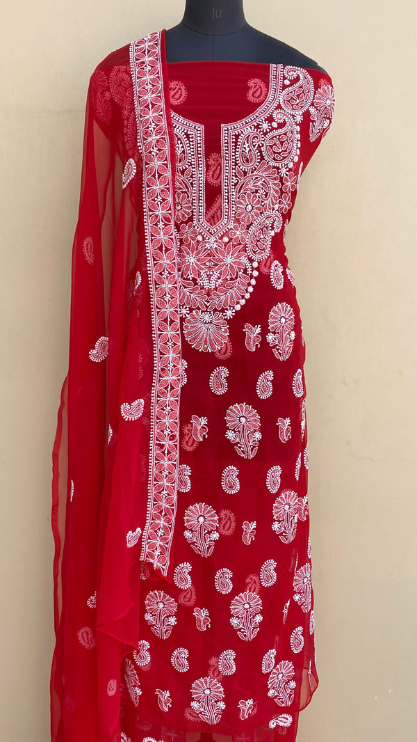 Lucknowi Chikankari Suit Length 3 Piece Red Georgette With Mukaish Work