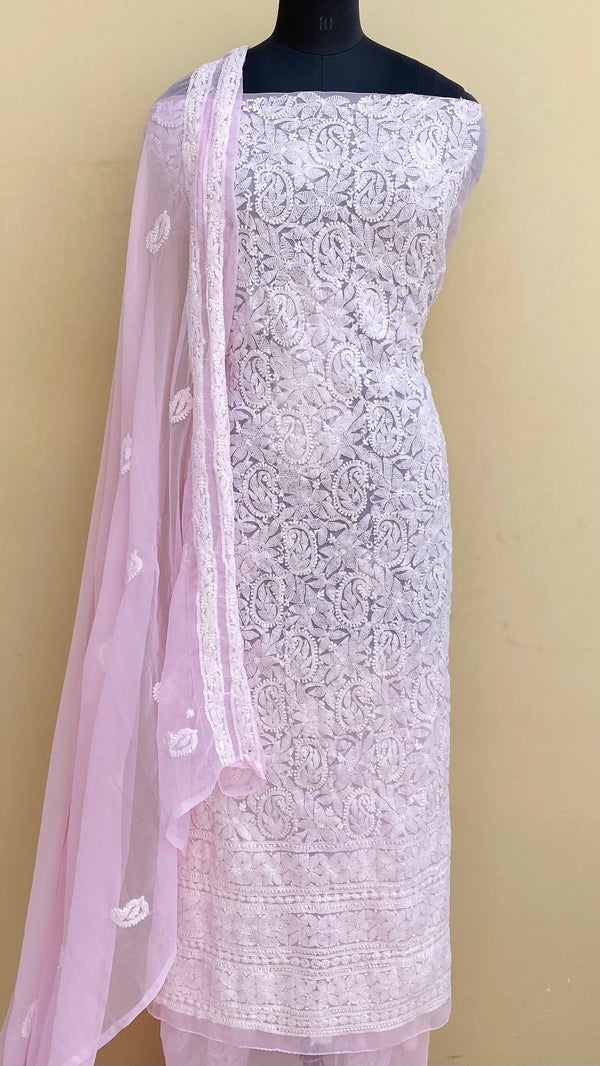 Lucknowi Chikankari Suit Length 3 Piece Pink Georgette