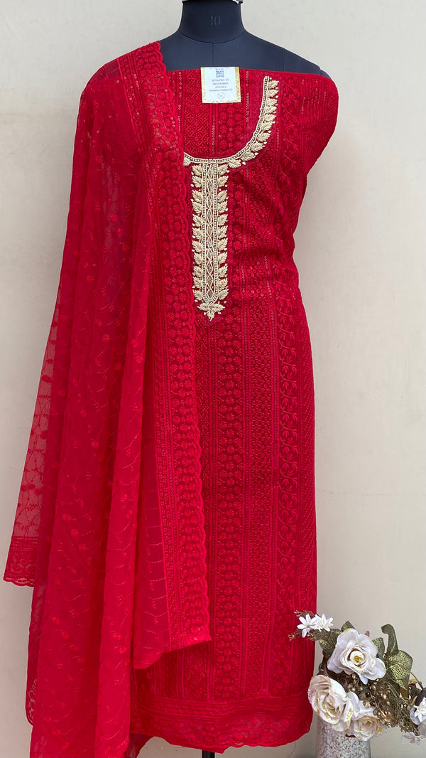 Chikankari Suit Length 3 Piece Red Georgette With Cutdana & Pearl Work