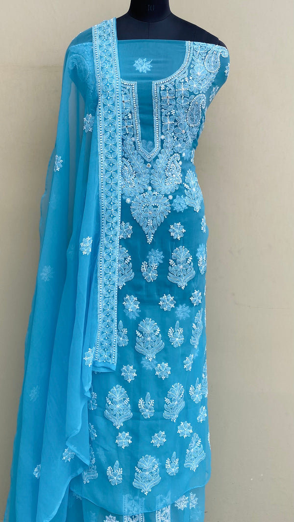 Lucknowi Chikankari Suit Length 3 Piece Blue Georgette With Mukaish Work