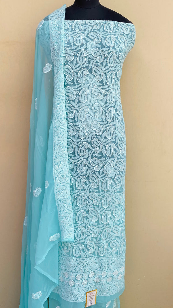 Lucknowi Chikankari Suit Length 3 Piece Sea Green Georgette