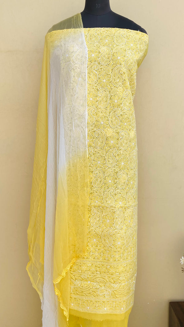 Lucknowi Chikankari Suit Length 3 Piece Yellow Cotton