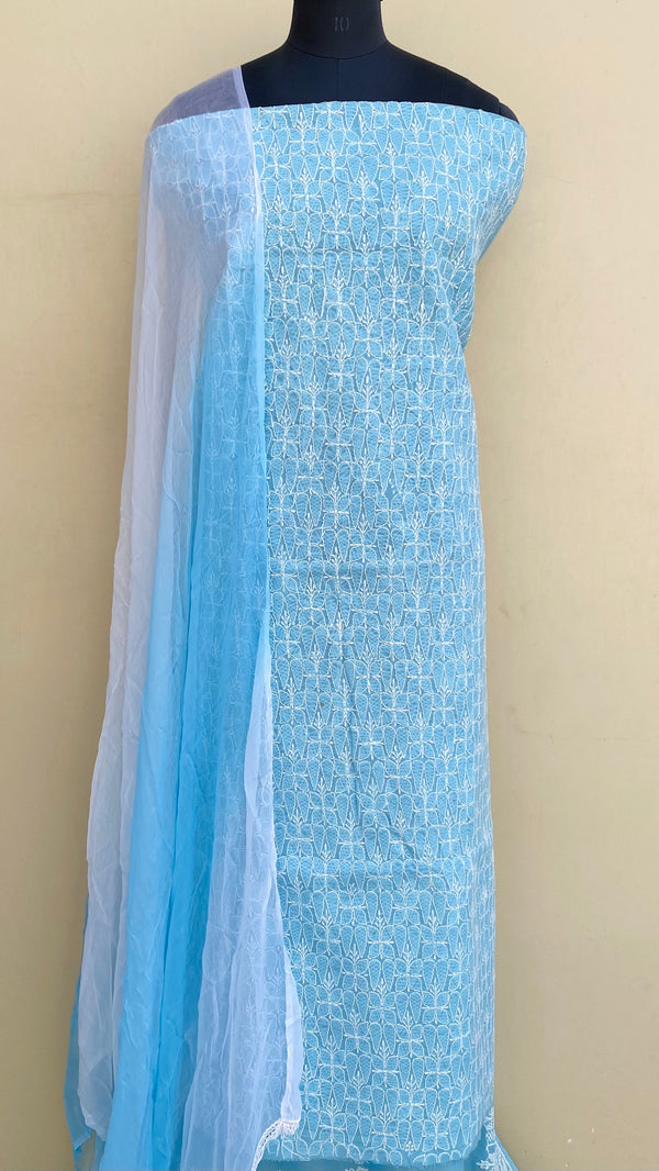 Lucknowi Chikankari Suit Length 3 Piece Blue Cotton