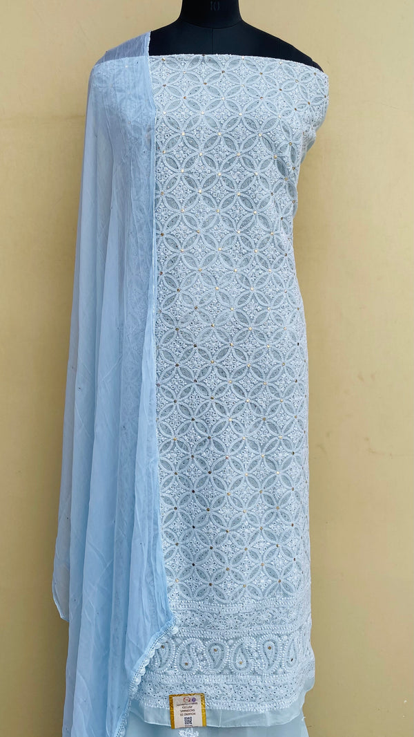 Lucknowi Chikankari Suit Length 3 Piece Powder Blue Cotton With Mukaish Work