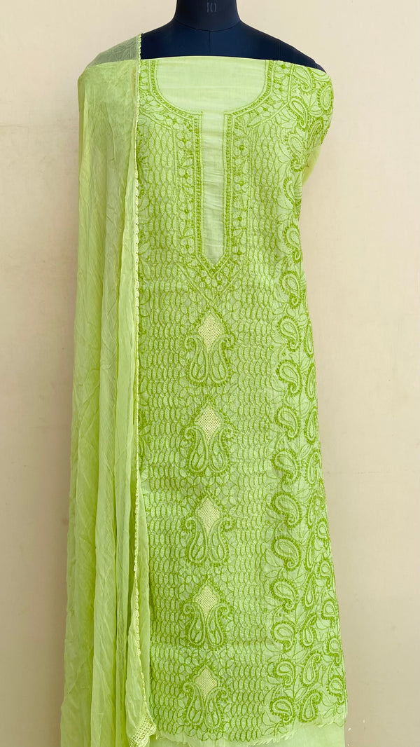 Lucknowi Chikankari Suit Length 3 Piece Parrot Green Cotton