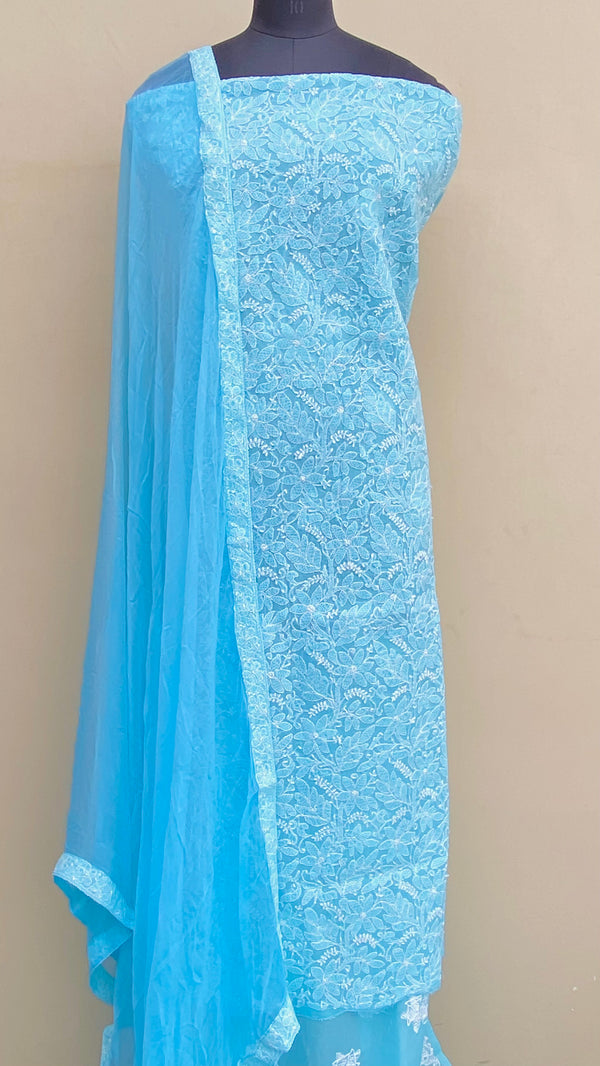 Lucknowi Chikankari Suit Length 3 Piece Blue Cotton