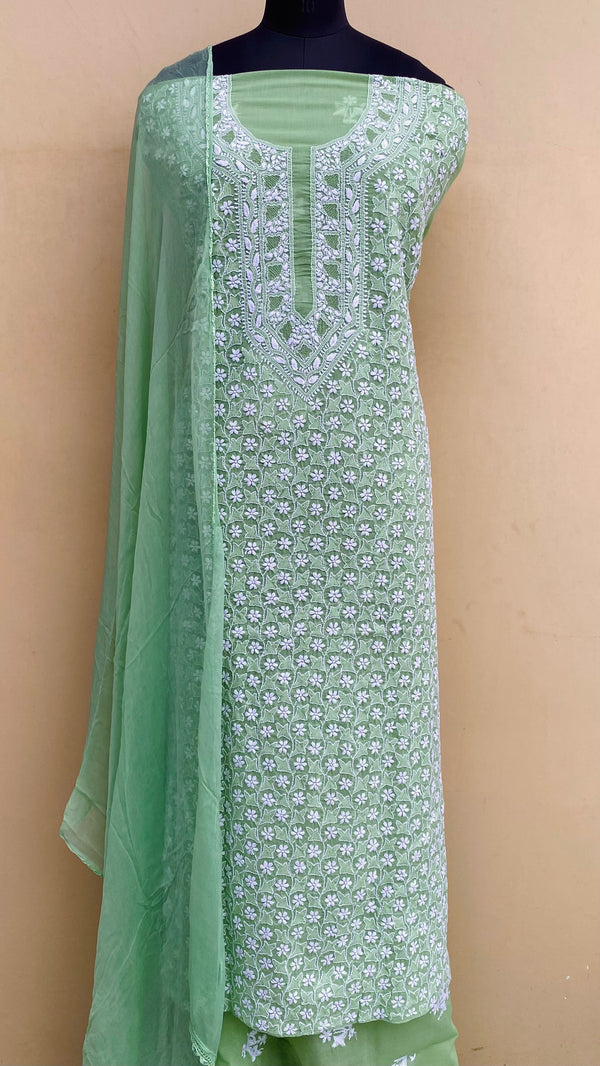 Lucknowi Chikankari Suit Length 3 Peice Green Cotton With Jaali Work