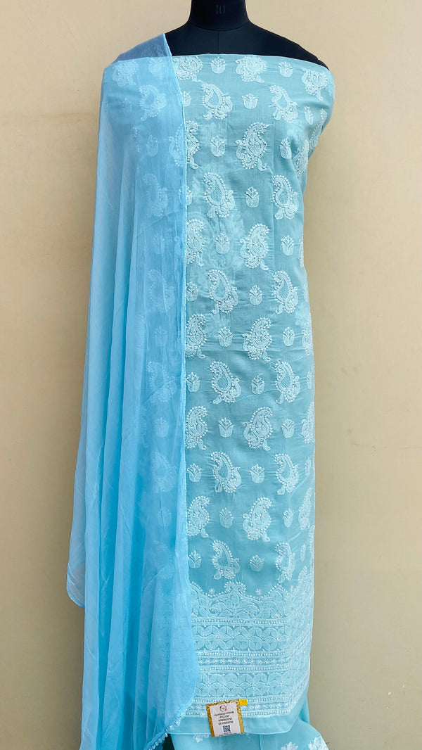 Lucknowi Chikankari Suit Length 3 Piece Blue Cotton With Jaali Work