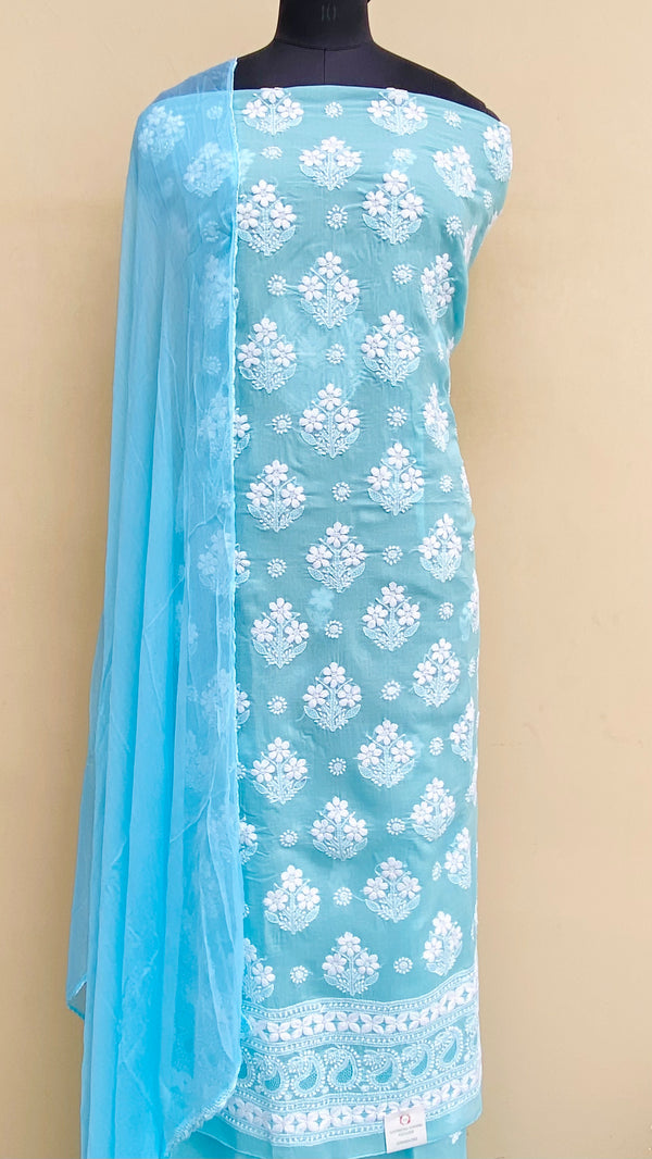 Lucknowi Chikankari Suit Length 3 Piece Blue Cotton With Jaali Work