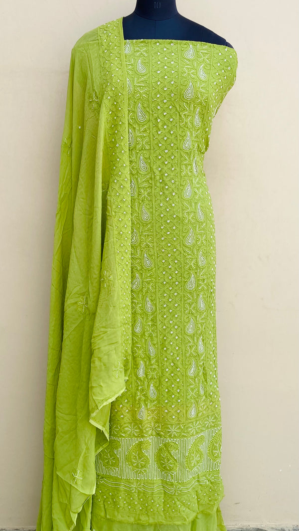 Lucknowi Chikankari Suit Length 2 Piece Parrot Green Pure Georgette With Cutdana Work