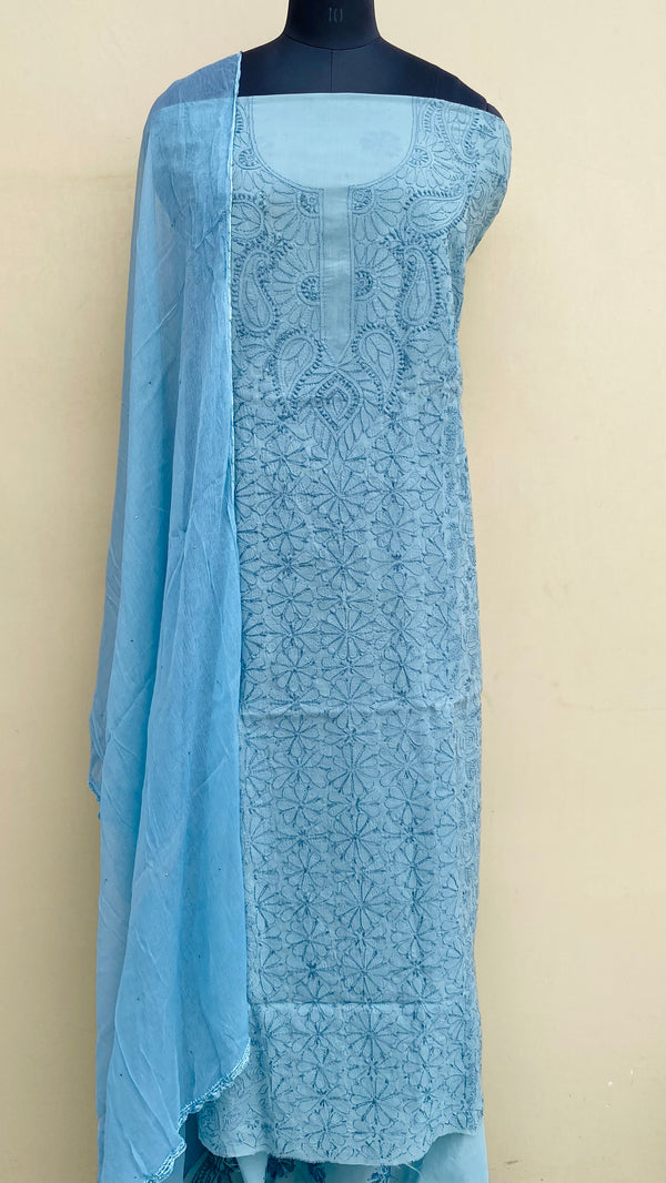 Lucknowi Chikankari Suit Length 3 Piece Aqua Blue Cotton