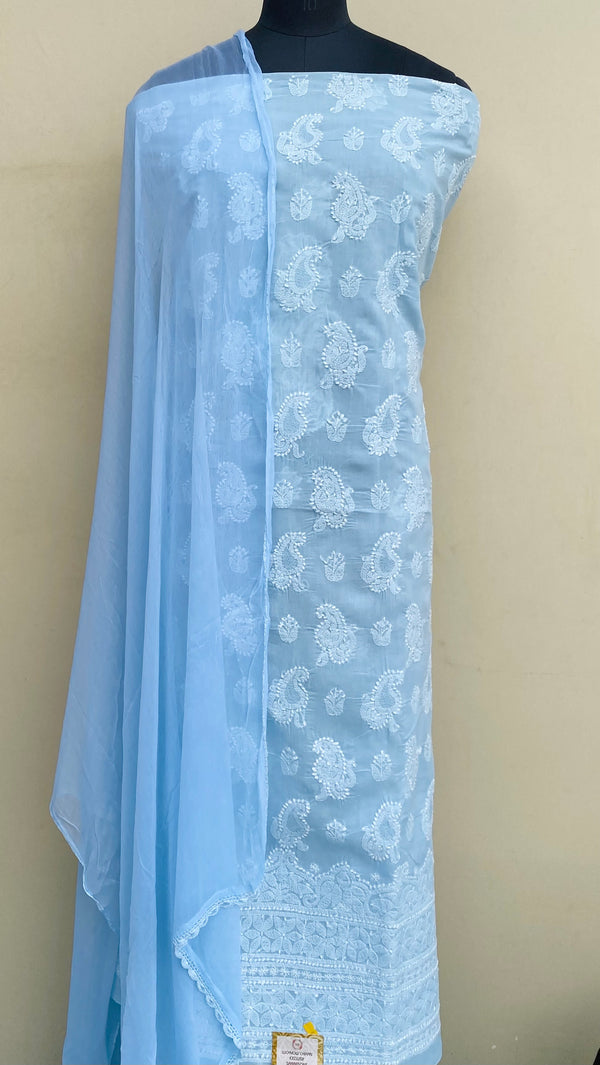 Lucknowi Chikankari Suit Length 3 Piece Powder Blue Cotton With Jaali Work