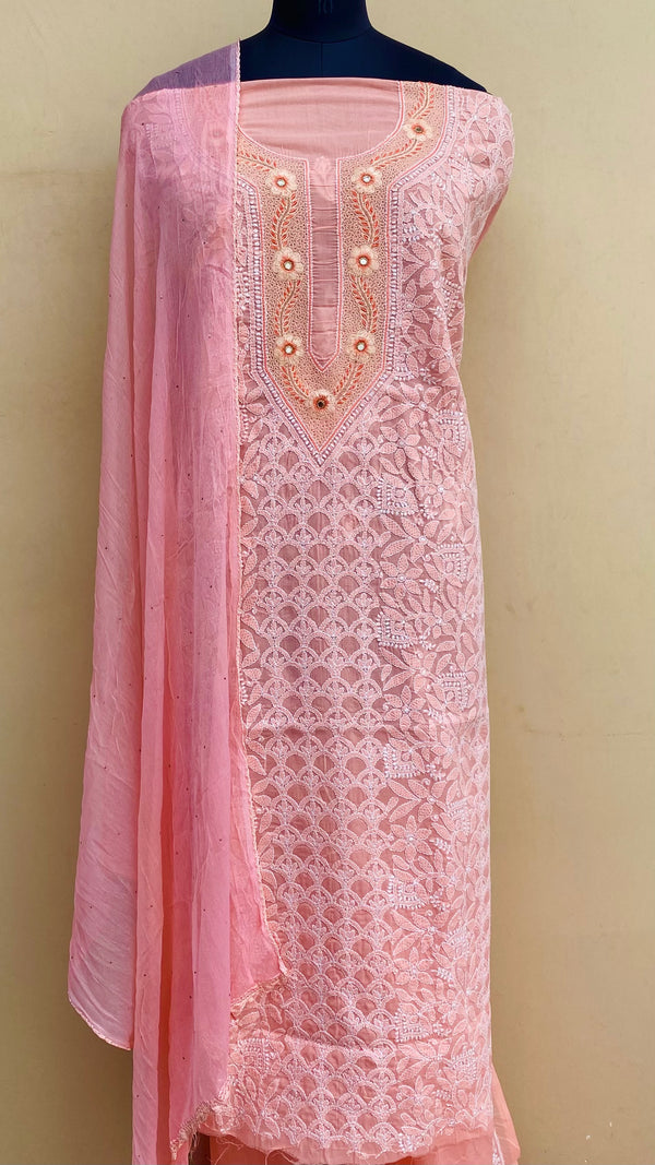 Lucknowi Chikankari Suit Length 3 Piece Peach Cotton With Mirror Work