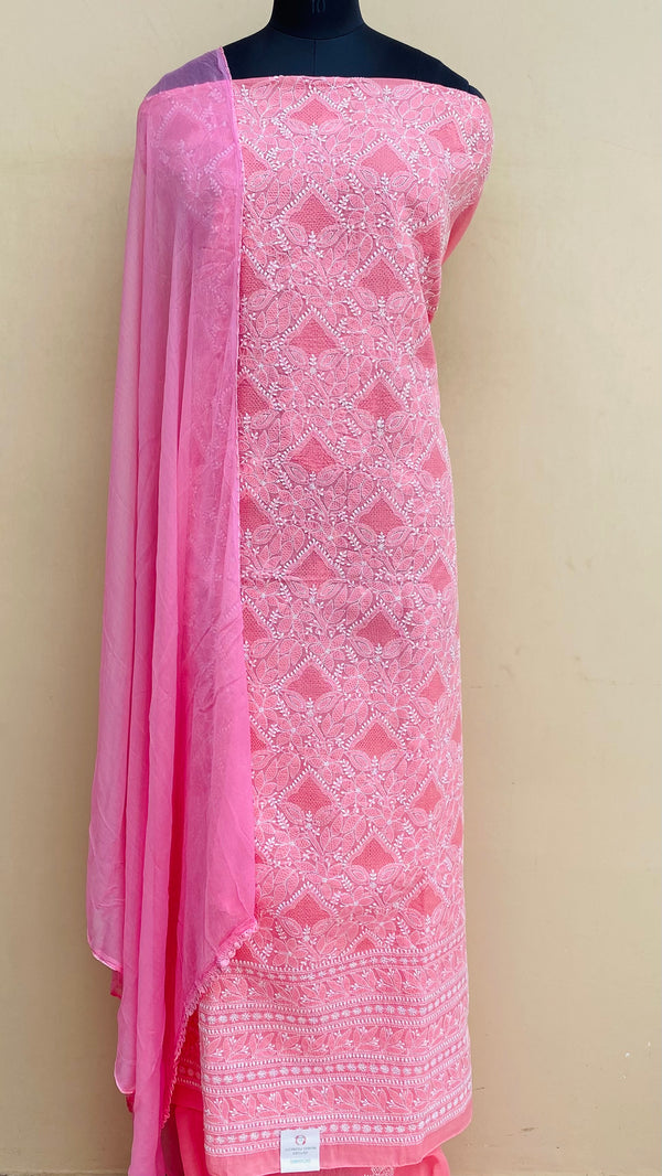 Lucknowi Chikankari Suit Length 3 Piece Pink Cotton