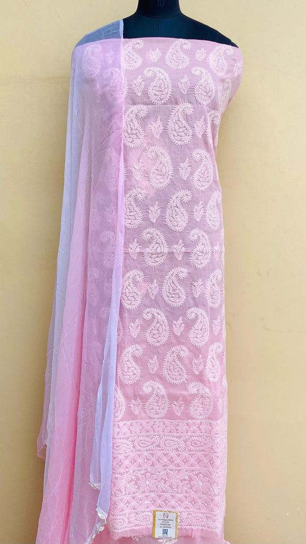 Lucknowi Chikankari Suit Length 3 Piece Pink Cotton