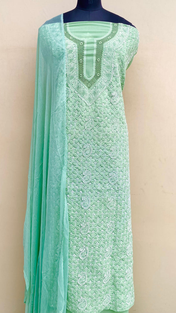 Lucknowi Chikankari Suit Length 3 Piece Green Cotton With Jaali Work