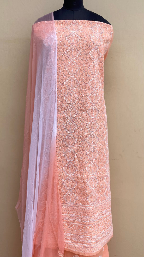 Lucknowi Chikankari Suit Length 3 Piece Peach Cotton