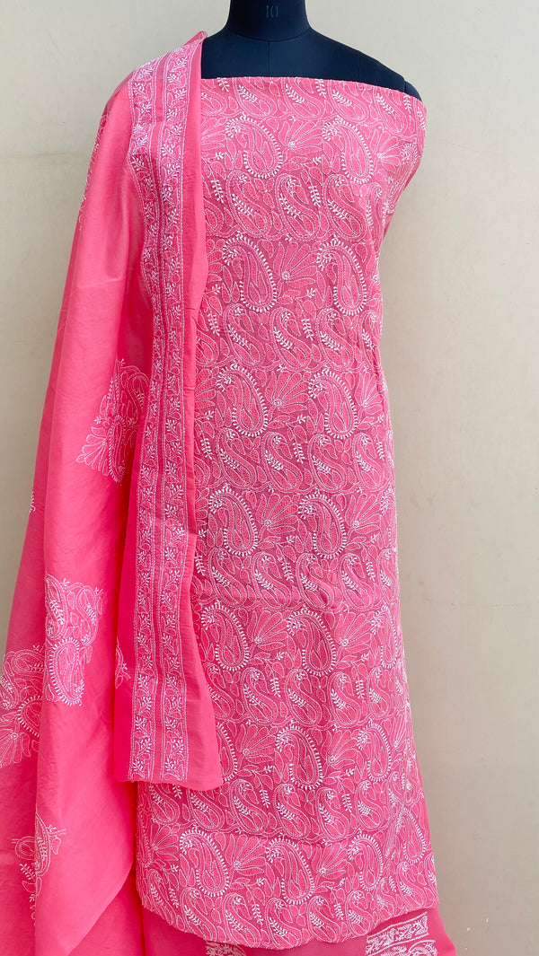 Lucknowi Chikankari Suit Length 3 Piece Pink Cotton With Embroidered Cotton Dupatta