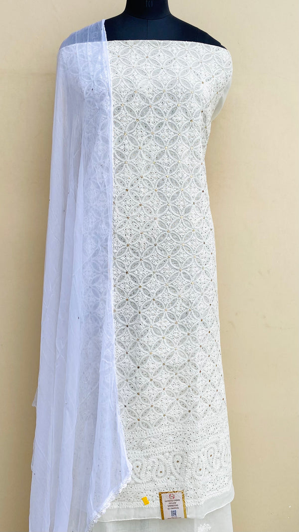 Lucknowi Chikankari Suit Length 3 Piece White Cotton With Mukaish Work