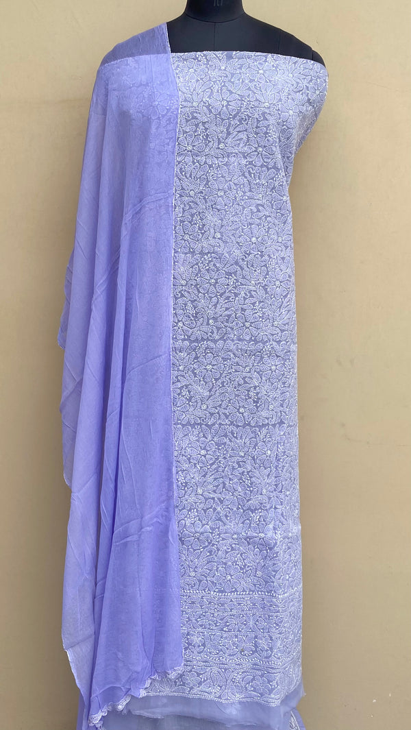 Lucknowi Chikankari Suit Length 3 Piece Purple Cotton