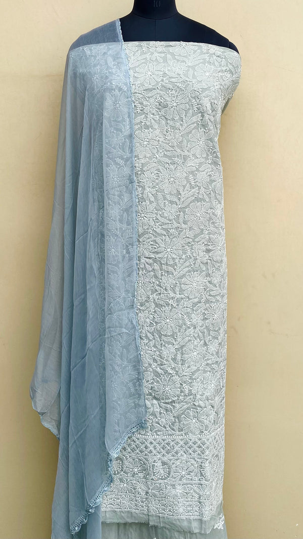 Lucknowi Chikankari Suit Length 3 Piece Gray Cotton