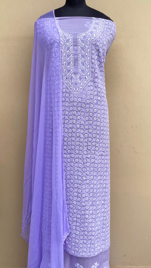 Lucknowi Chikankari Suit Length 3 Piece Purple Cotton With Jaali Work