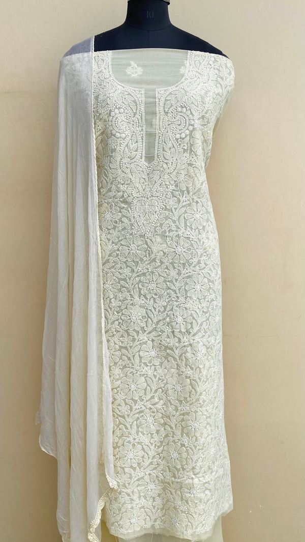 Lucknowi Chikankari Suit Length 3 Piece Beige Cotton