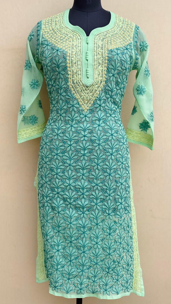 Lucknowi Chikankari Kurti Green Georgette