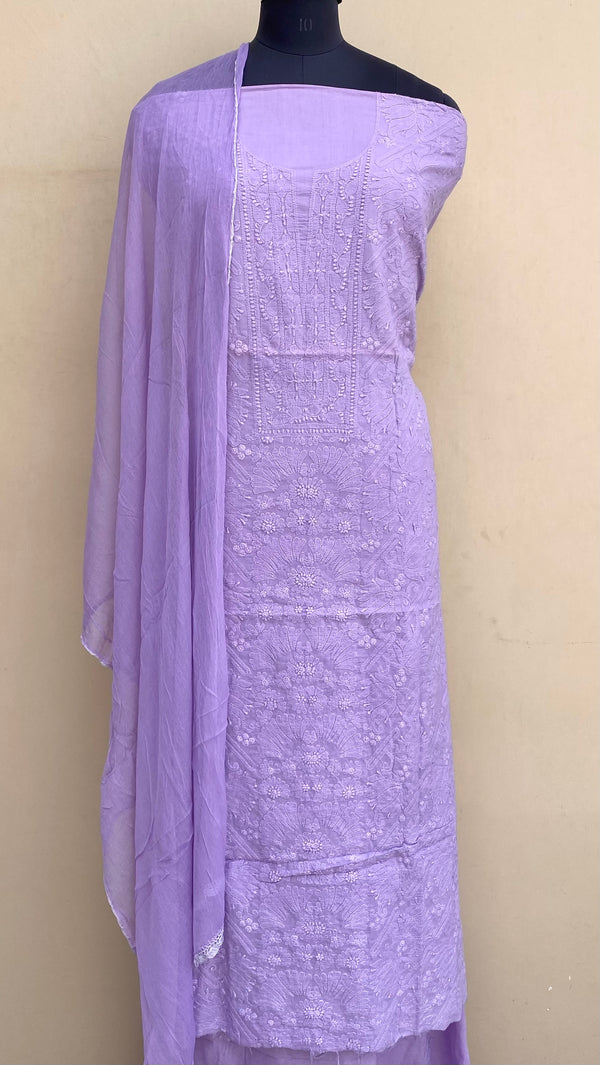 Lucknowi Chikankari Suit Length 3 Piece Purple Cotton