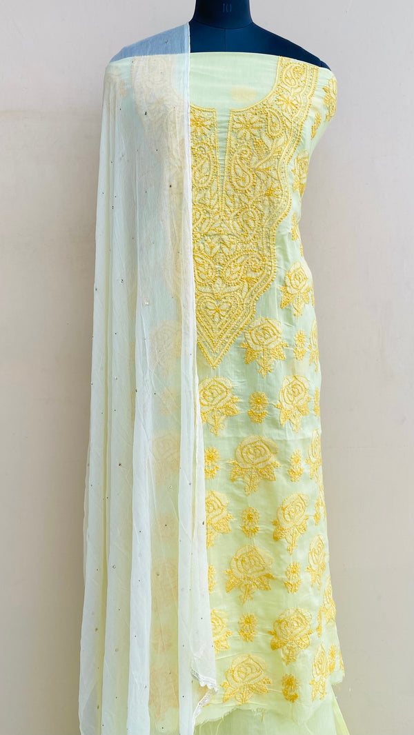 Lucknowi Chikankari Suit Length 3 Piece Lemon Yellow Cotton