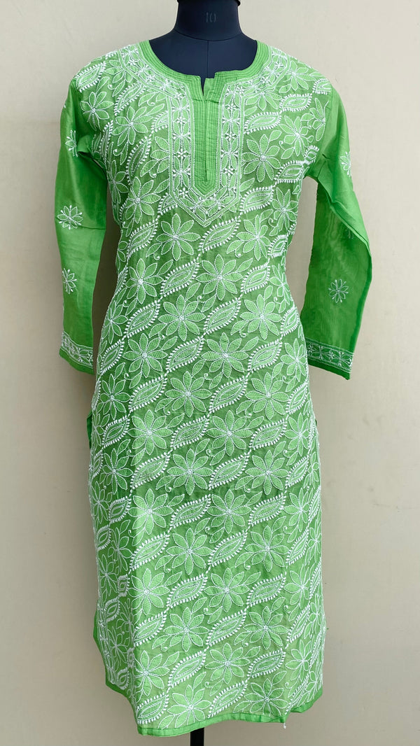 Lucknowi Chikankari Kurti Green Mal Chanderi