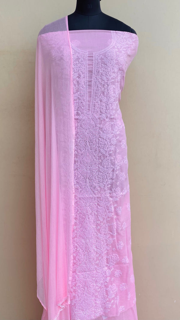 Lucknowi Chikankari Suit Length 3 Piece Pink Mulmul Cotton