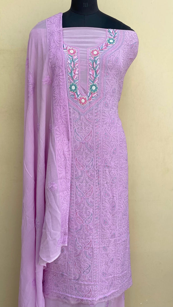 Lucknowi Chikankari Suit Length 2 Piece Purple Pure Georgette With Mukaish, Sequence & Parsi Work