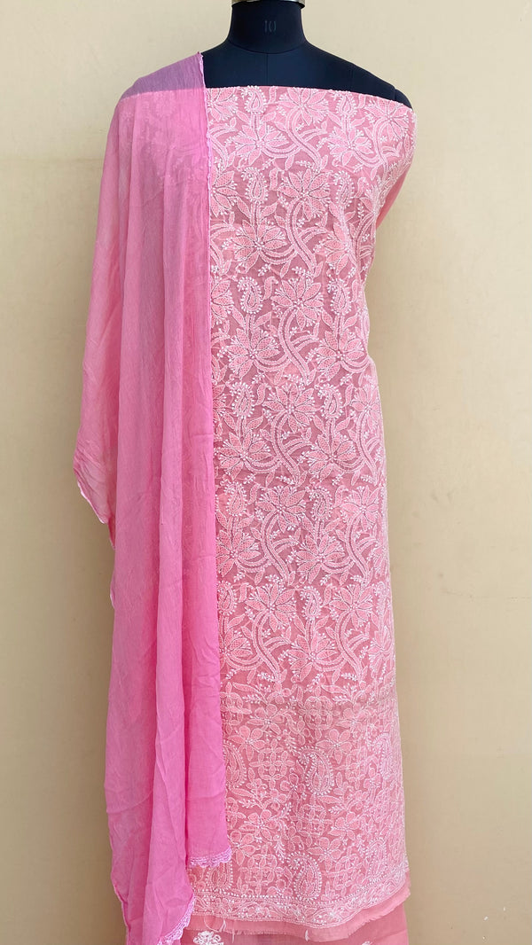 Lucknowi Chikankari Suit Length 3 Piece Pink Cotton