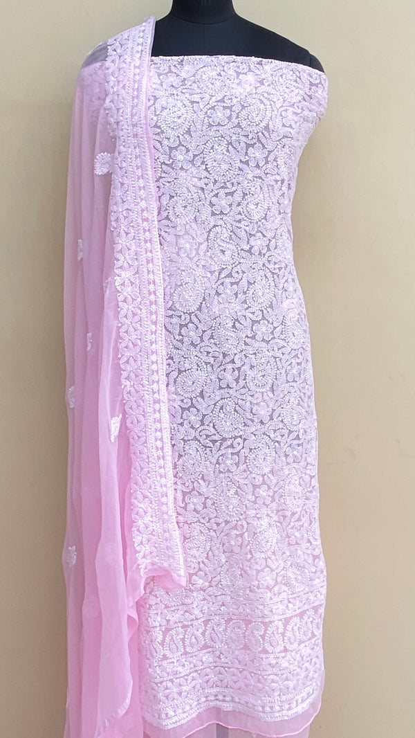 Lucknowi Chikankari Suit Length 3 Piece Pink Georgette