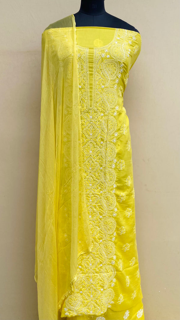 Luchnowi Chikankari Suit Length 3 Piece Yellow Mulmul Cotton