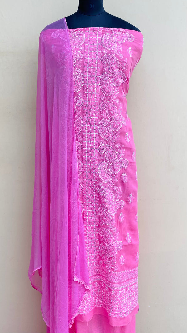 Luchnowi Chikankari Suit Length 3 Piece Pink Mulmul Cotton