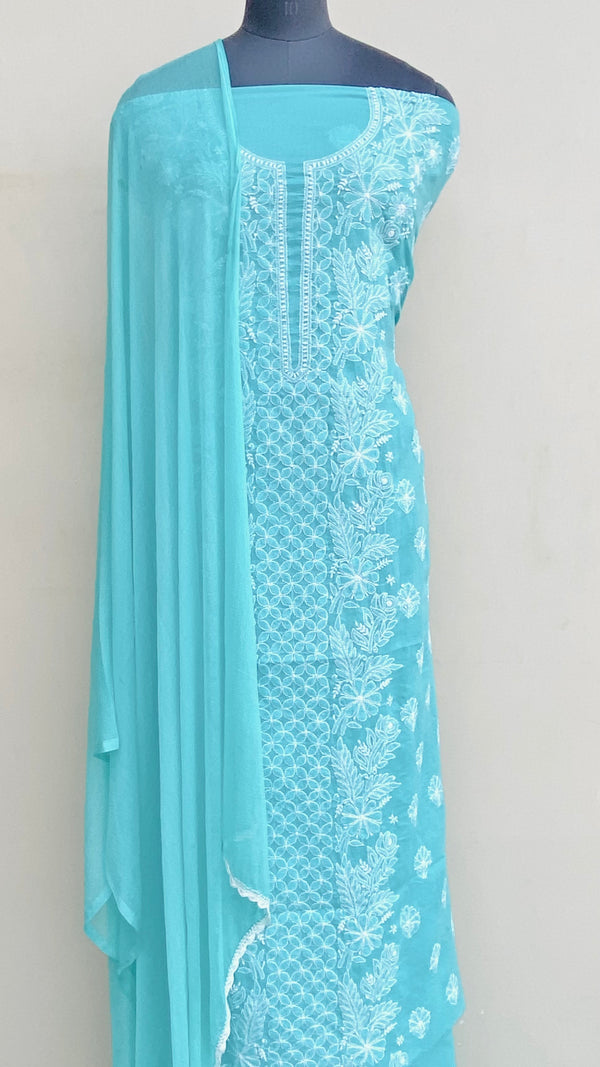 Lucknowi Chikankari Suit Length 3 Piece Sea Green Mulmul Cotton