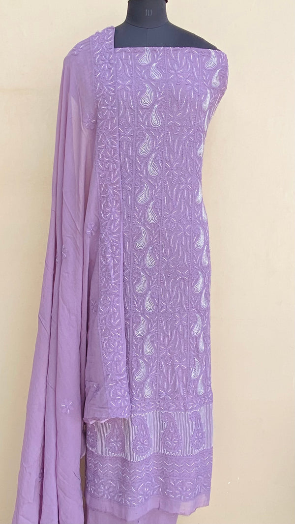 Lucknowi Chikankari Suit Length 2 Piece Purple Pure Georgette With Mukaish, & Sequence