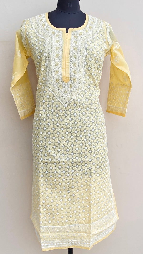 Lucknowi Chikankari Kurti Yellow Cotton With Jaali Work