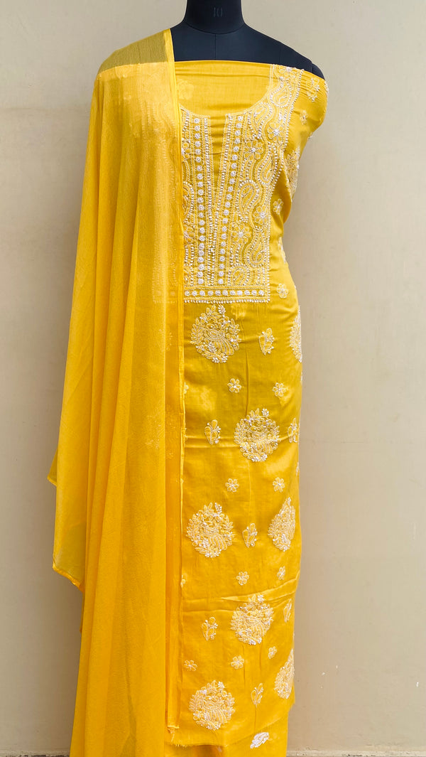 Luchnowi Chikankari Suit Length 3 Piece Yellow Mulmul Cotton