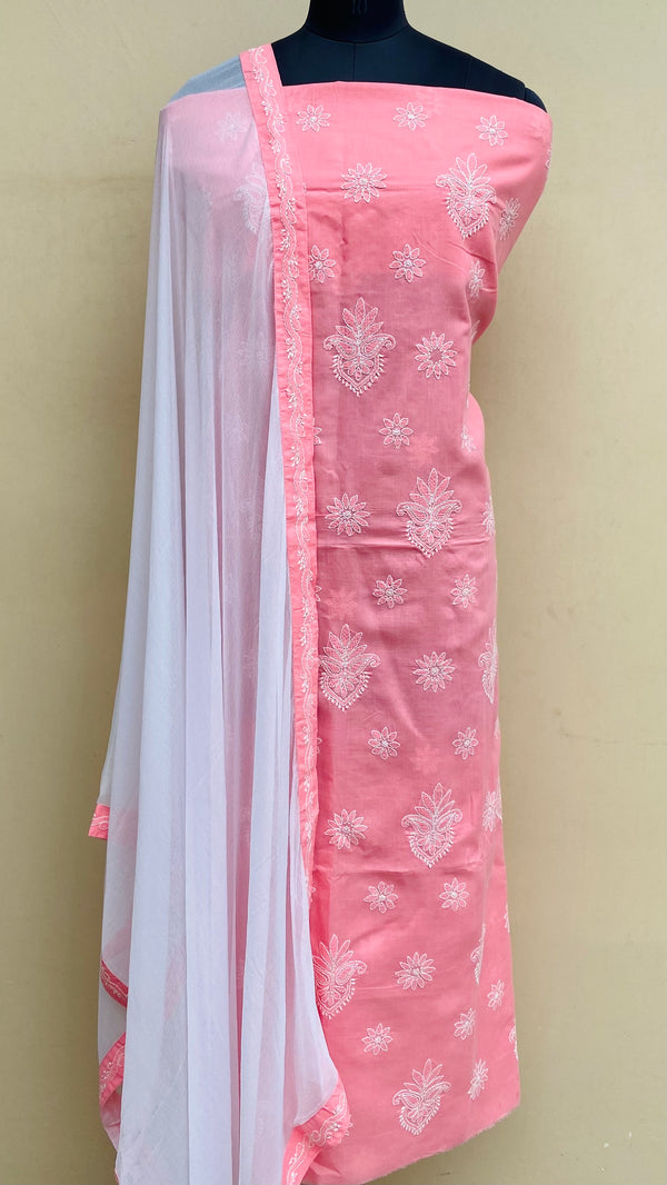 Lucknowi Chikankari Suit Length 3 Piece Peach Cotton