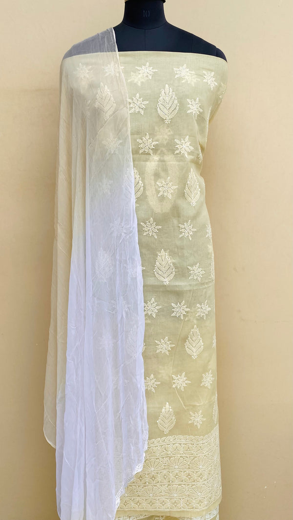 Lucknowi Chikankari Suit Length 3 Piece Beige Cotton