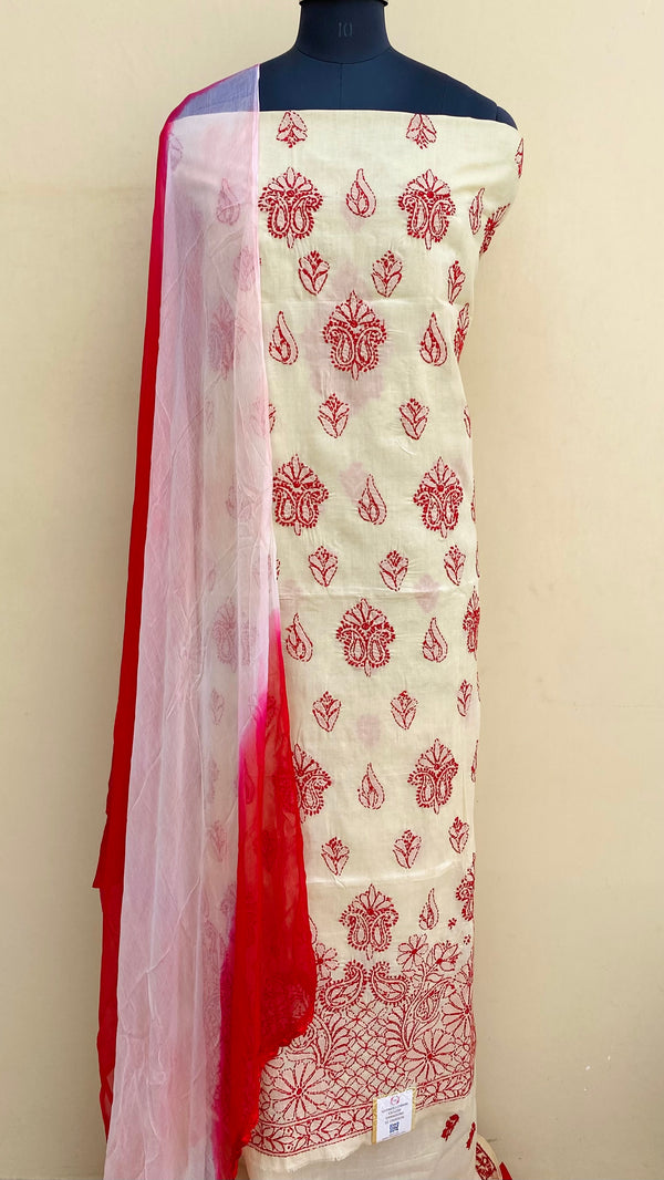 Lucknowi Chikankari Suit Length 3 Piece Beige Cotton