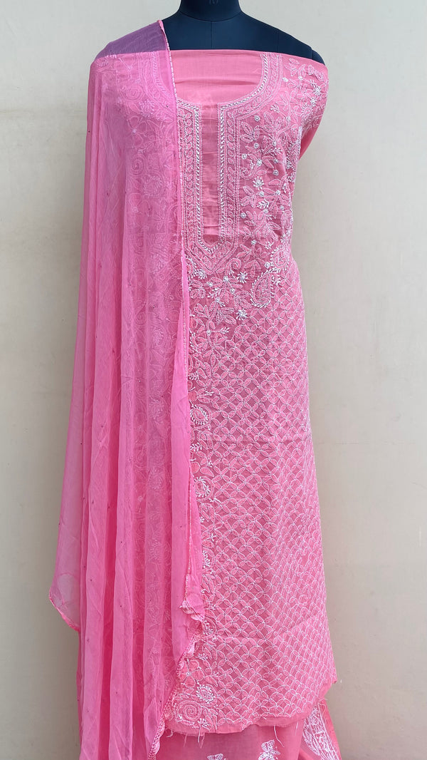 Luchnowi Chikankari Suit Length 3 Piece Pink Cotton